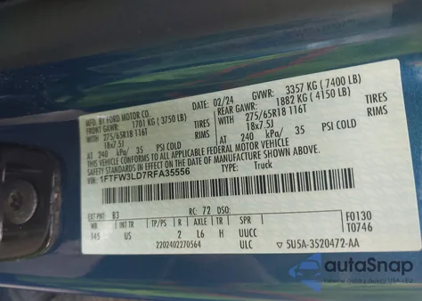 2024 Ford F-150 Xlt z USA, uszkodzony, nr VIN 1FTFW3LD7RFA35556